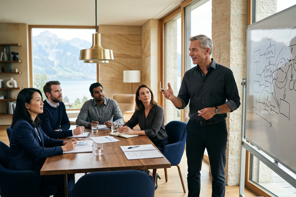Ein Berater entwickelt die KI-Strategie mit dem Team am Whiteboard