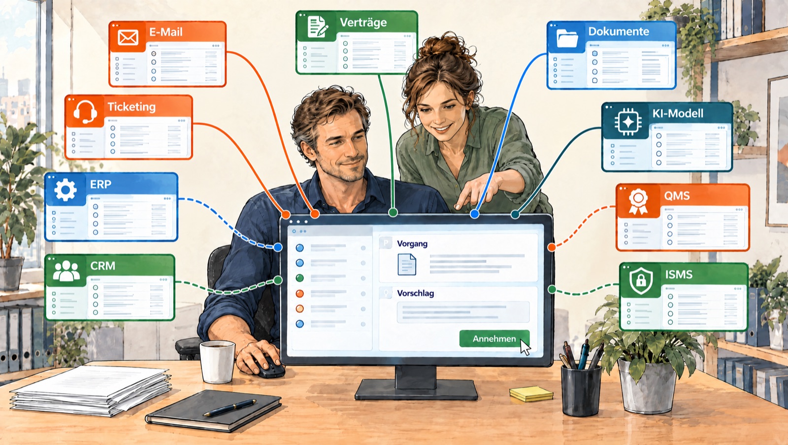Illustration: Ein Mann und eine Frau arbeiten gemeinsam am Bildschirm des Operating Desk. Mit durchgezogenen Linien angebunden sind E-Mail, Ticketing, Verträge, Dokumente und das KI-Modell, mit gestrichelten Linien ERP, CRM, QMS und ISMS.