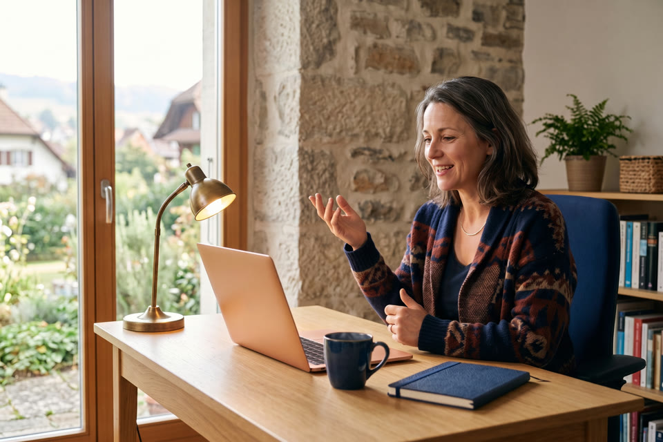 Eine Frau im Home-Office lernt im gesprochenen Dialog mit dem KI-Tutor auf ihrem Laptop