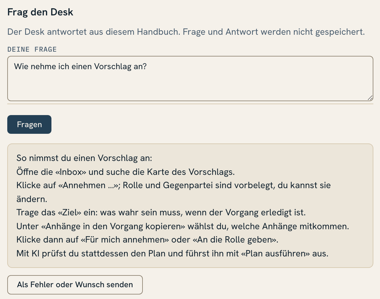 Hilfe-Seite mit Frag den Desk und einer Antwort