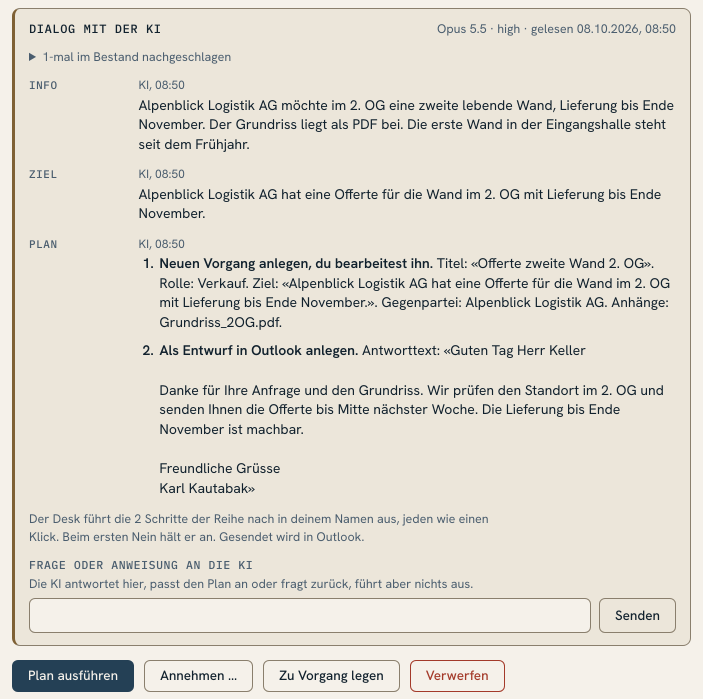 Plan der KI an einer Karte der Inbox mit dem Knopf Plan ausführen