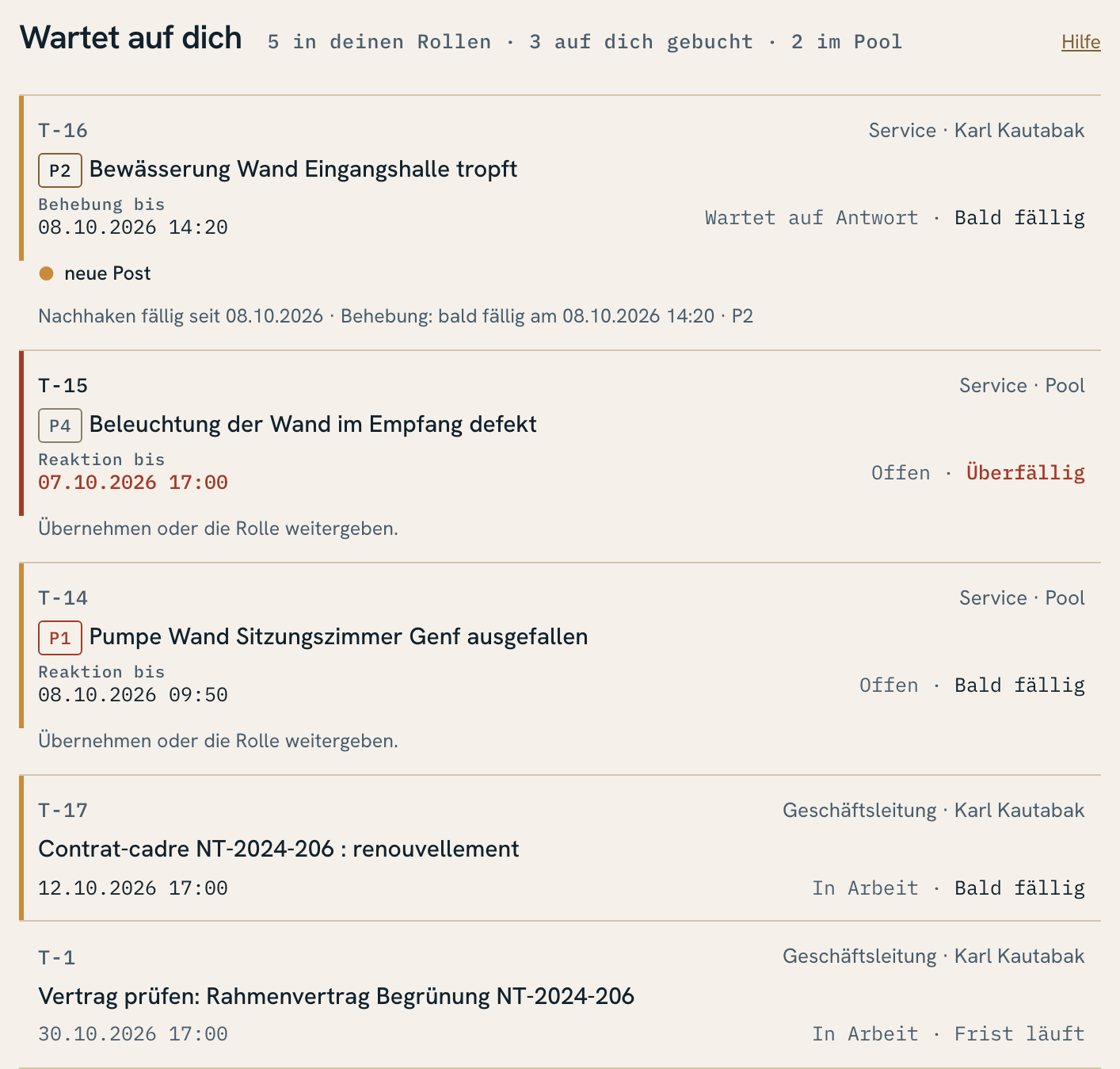 Übersicht Wartet auf dich mit dem Grund je Vorgang
