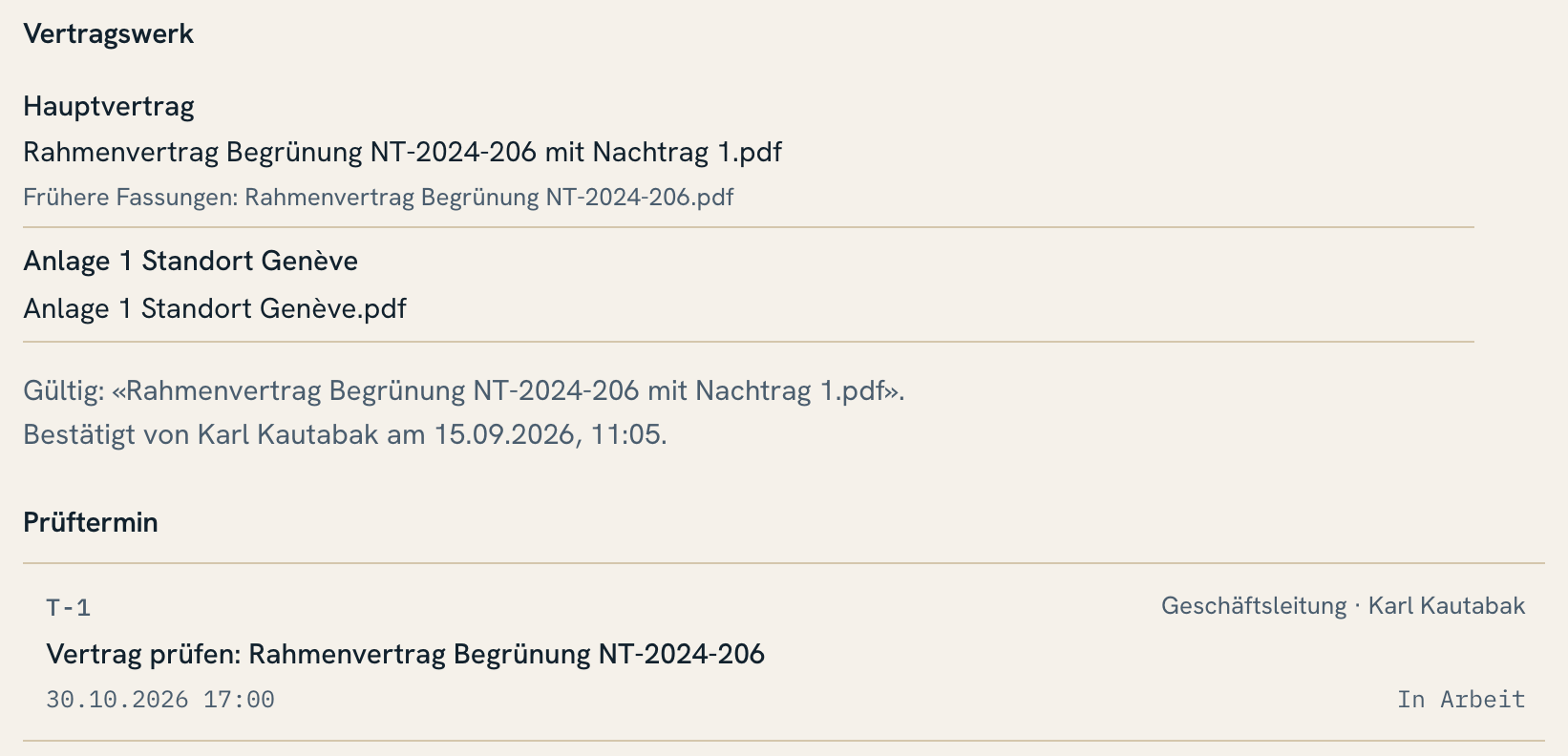 Vertragsseite mit Hauptvertrag, Anlagen, Fassungen und Prüftermin