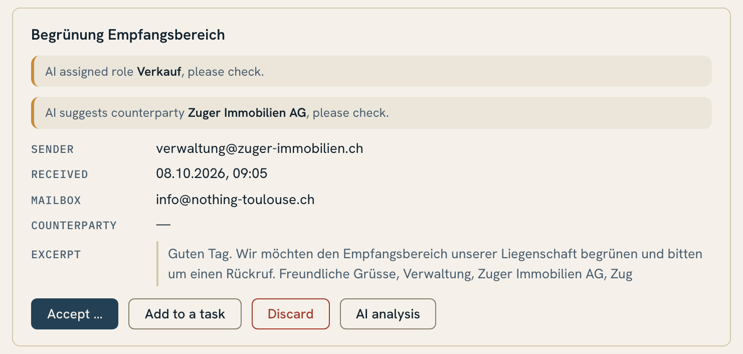 Inbox of the Operating Desk with a proposal, the role and the counterparty proposed by AI