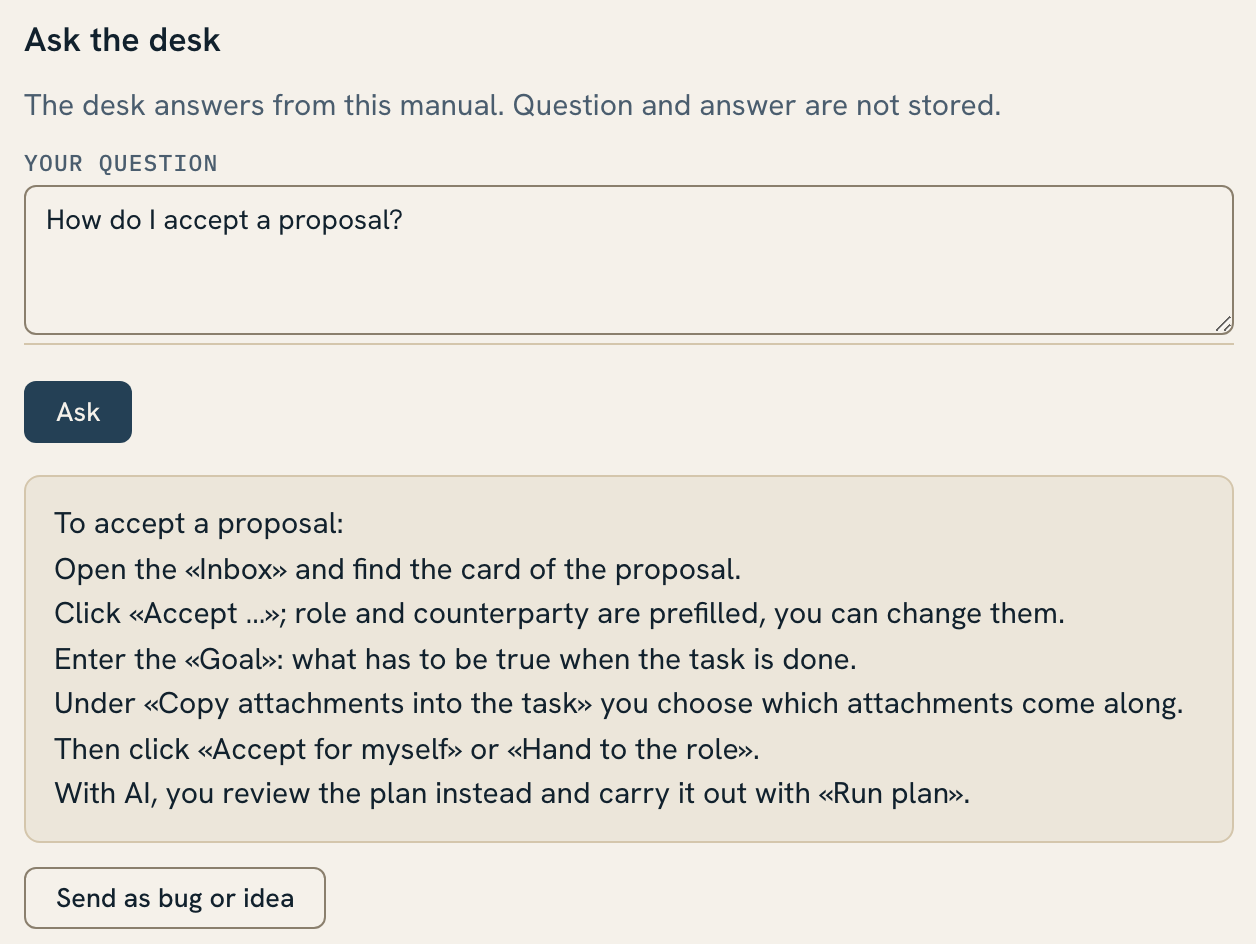Help page with Ask the desk and an answer