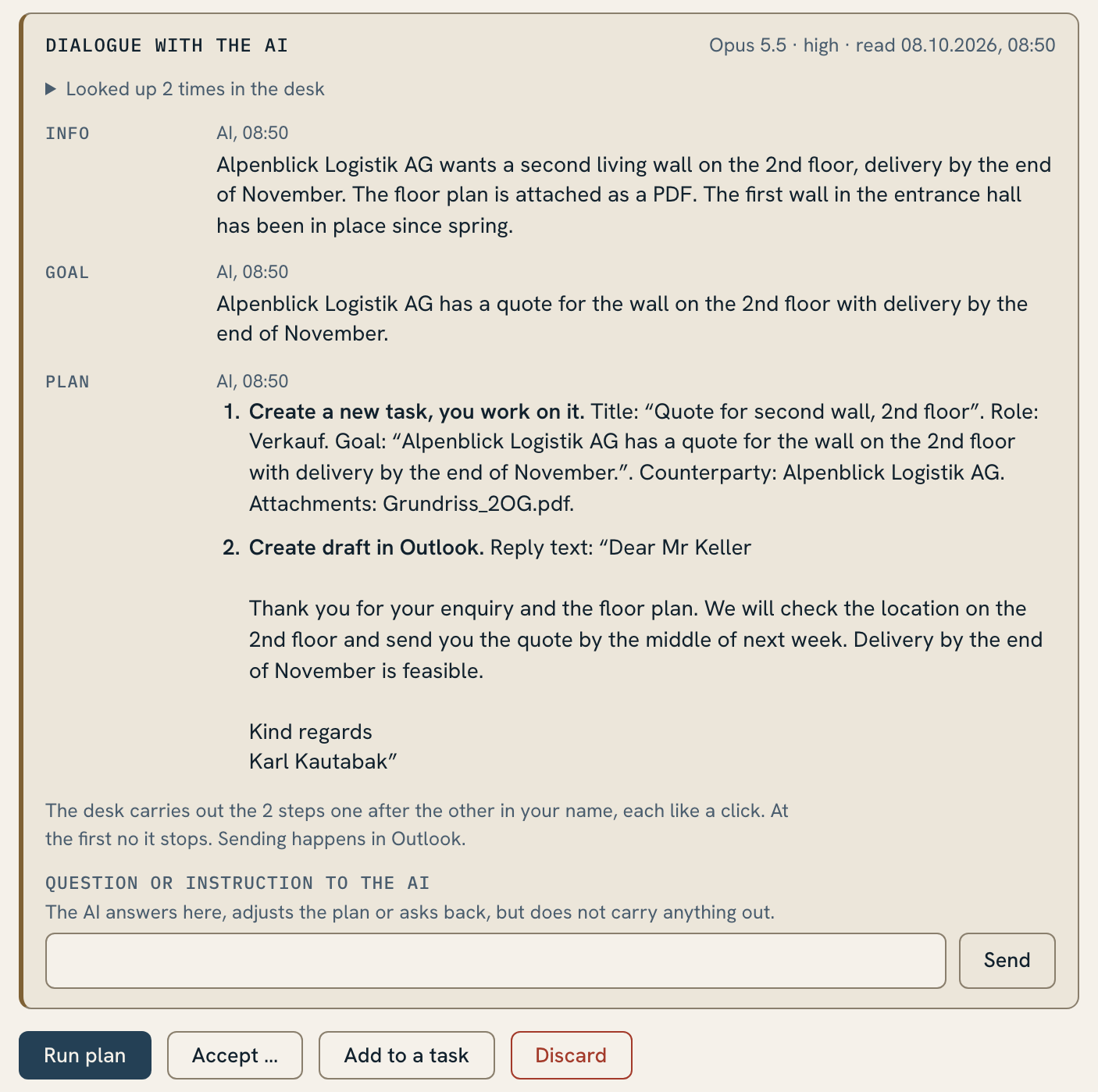 The AI's plan on an Inbox card with the Run plan button