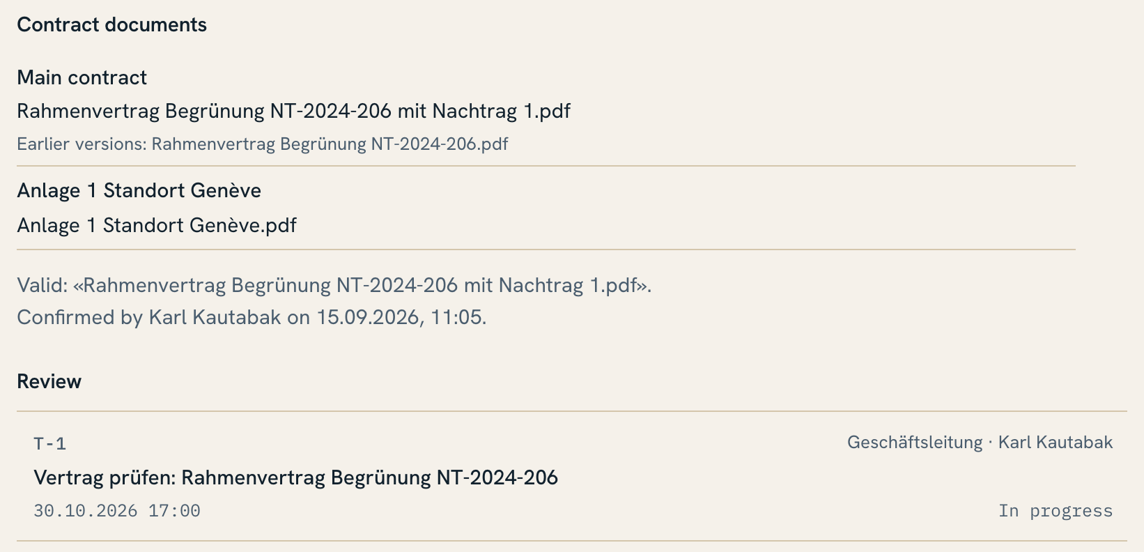 Contract page with main contract, annexes, versions and review date
