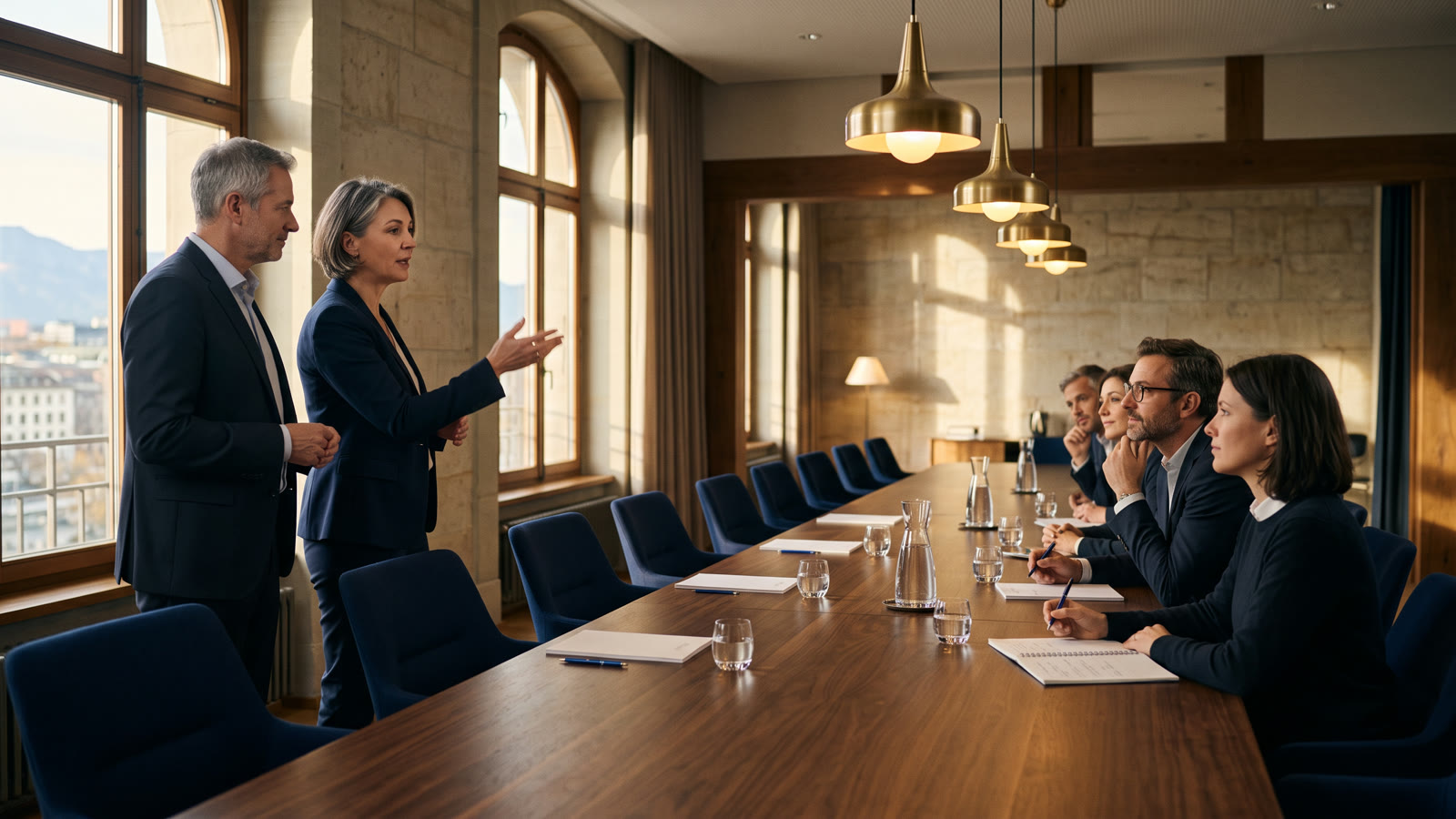 Eine Frau und ein Mann vertreten ihren Standpunkt vor einer Gruppe im grossen Sitzungszimmer